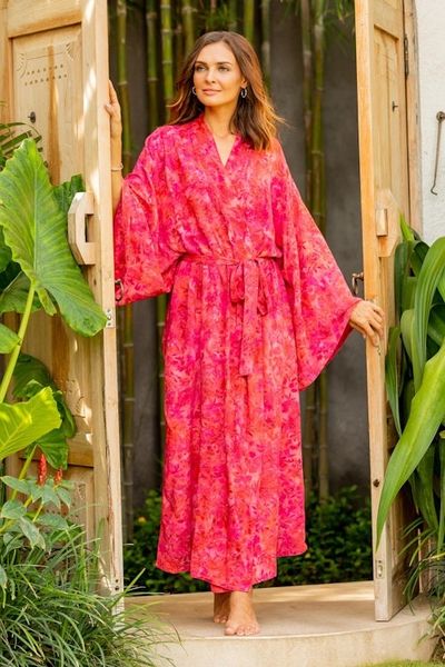 Alternate image for Batik Rayon Robe in Rose and Berry Pink from Bali Batik Blush