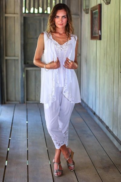 Alternate image for Floral Embroidered Rayon Pants in White from Bali White Padma Flower