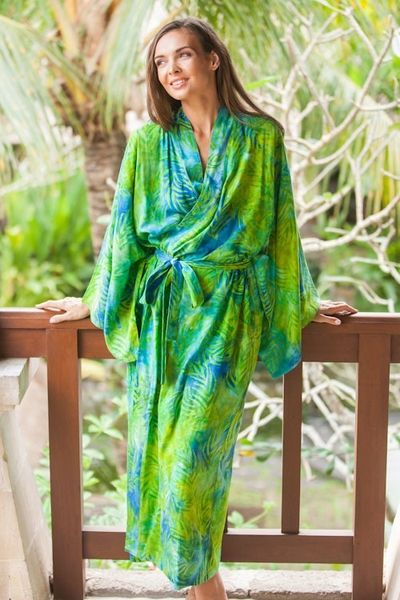 Alternate image for Blue and Green Rayon Batik Leafy Garden Long Sleeved Robe Leafy Haven