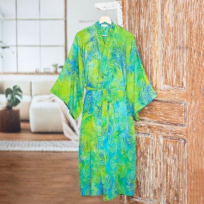 Alternate image for Blue and Green Rayon Batik Leafy Garden Long Sleeved Robe Leafy Haven