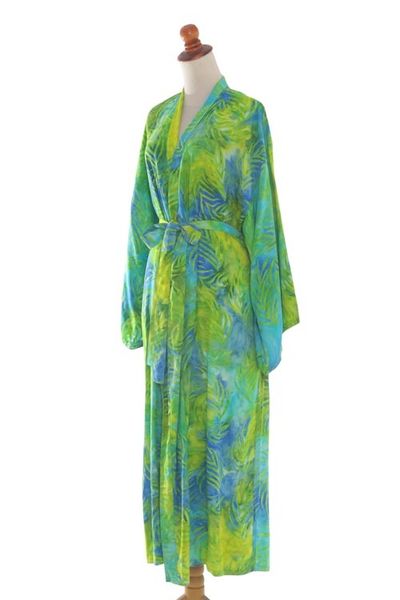 Alternate image for Blue and Green Rayon Batik Leafy Garden Long Sleeved Robe Leafy Haven