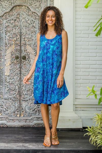 Alternate image for Blue Tie-Dyed Batik Leafy Grove Rayon Sleeveless Tunic Leafy Grove