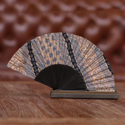 Alternate image for Batik Silk Hand Fan Hand Crafted in Bali Banji Black