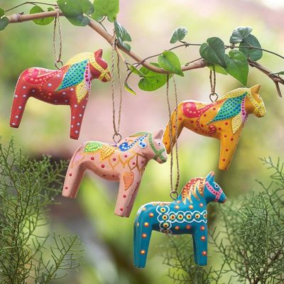 Alternate image for Set of 4 Artisan-Painted Christmas Horse Ornaments Dala Cheer