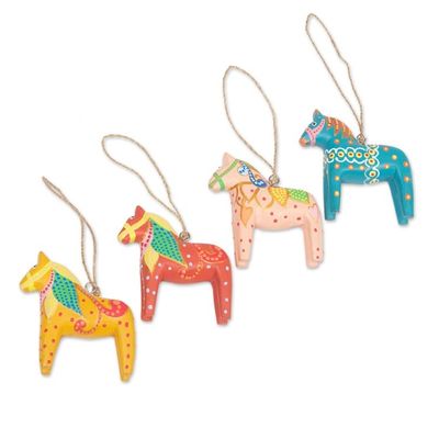 Alternate image for Set of 4 Artisan-Painted Christmas Horse Ornaments Dala Cheer