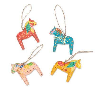 Alternate image for Set of 4 Artisan-Painted Christmas Horse Ornaments Dala Cheer