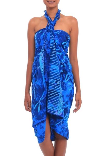 Alternate image for Batik Rayon Sarong in Blue from Bali Dragonfly River