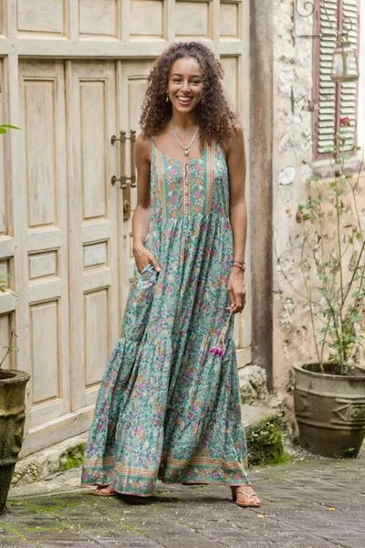 Alternate image for Rayon Batik Maxi Dress with Mint Floral Pattern Made in Bali Mint Garden
