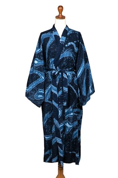 Alternate image for Womens Blue Batik Patterned Robe Sea of Shadows