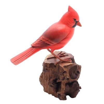 Alternate image for Hand-Painted Wood Virginia Cardinal Sculpture from Bali Perched Virginia Cardinal
