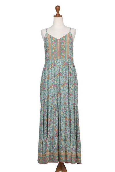 Alternate image for Rayon Batik Maxi Dress with Mint Floral Pattern Made in Bali Mint Garden