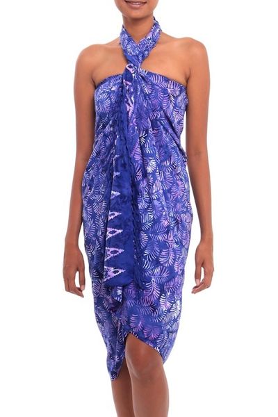 Alternate image for Leaf Motif Batik Rayon Sarong in Purple from Bali Peaceful Fronds