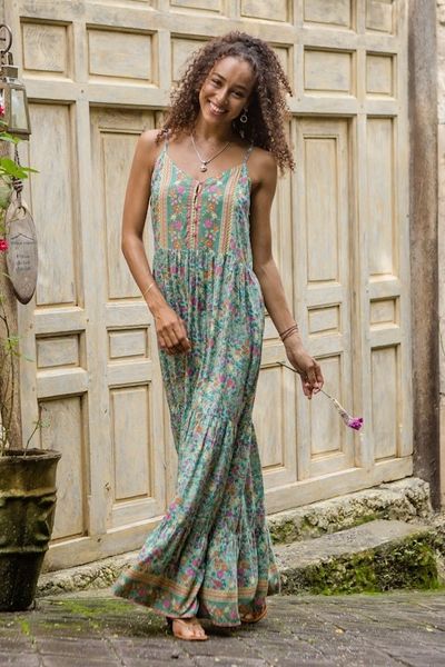 Alternate image for Rayon Batik Maxi Dress with Mint Floral Pattern Made in Bali Mint Garden