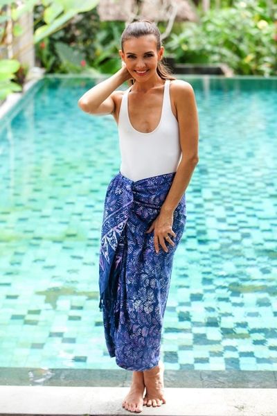 Alternate image for Leaf Motif Batik Rayon Sarong in Purple from Bali Peaceful Fronds