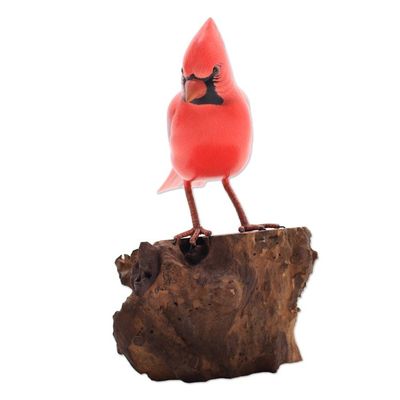 Alternate image for Hand-Painted Wood Virginia Cardinal Sculpture from Bali Perched Virginia Cardinal