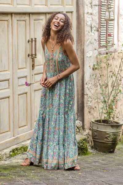 Alternate image for Rayon Batik Maxi Dress with Mint Floral Pattern Made in Bali Mint Garden