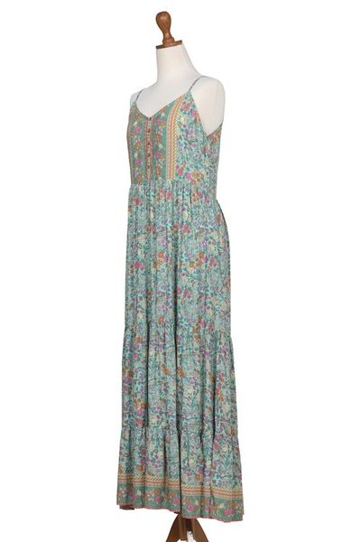 Alternate image for Rayon Batik Maxi Dress with Mint Floral Pattern Made in Bali Mint Garden