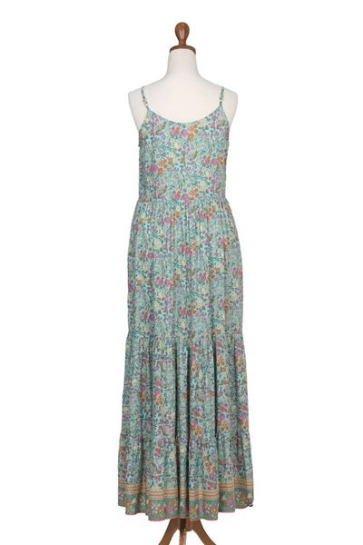 Alternate image for Rayon Batik Maxi Dress with Mint Floral Pattern Made in Bali Mint Garden