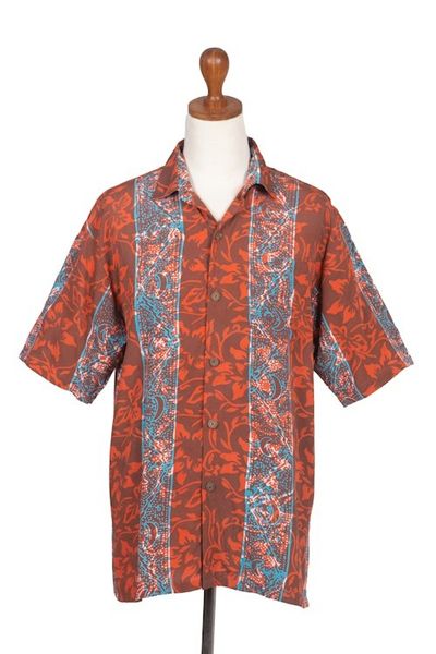 Alternate image for Mens Handcrafted Batik Leafy Rayon Shirt in Red and Blue Cinnabar Forest