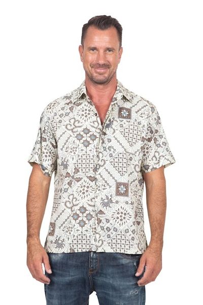 Alternate image for Handmade Mens Cotton Batik Shirt with Balinese Motifs Javanese Batik