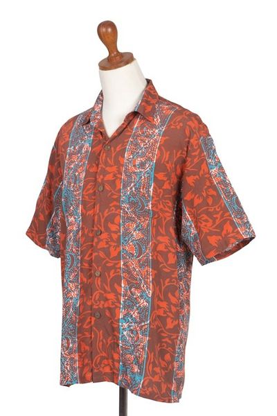 Alternate image for Mens Handcrafted Batik Leafy Rayon Shirt in Red and Blue Cinnabar Forest