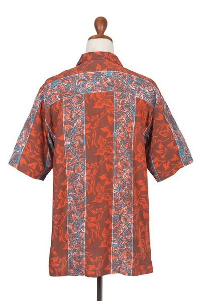 Alternate image for Mens Handcrafted Batik Leafy Rayon Shirt in Red and Blue Cinnabar Forest