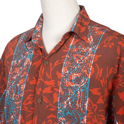 Alternate image for Mens Handcrafted Batik Leafy Rayon Shirt in Red and Blue Cinnabar Forest