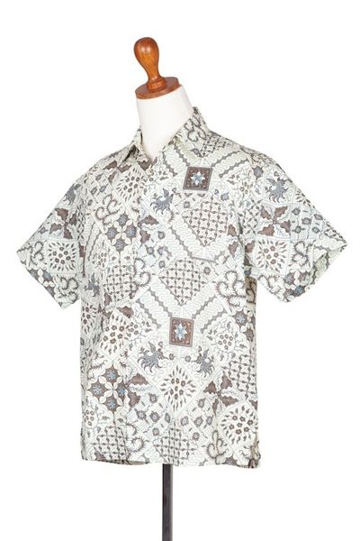 Alternate image for Handmade Mens Cotton Batik Shirt with Balinese Motifs Javanese Batik