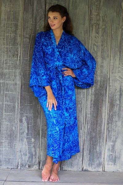 Alternate image for Blue Rayon Long Robe with Bamboo Batik Print from Indonesia Bamboo Blue