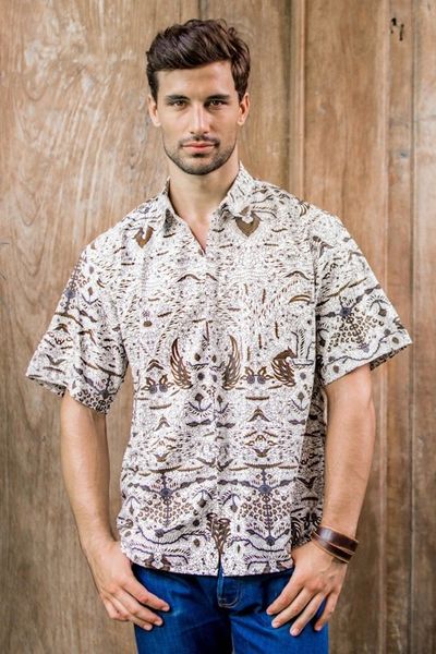 Alternate image for Mens Brown White Short Sleeve Cotton Batik Button Shirt Continuous Love
