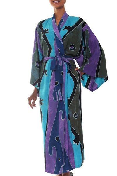 Alternate image for Womens Handcrafted Batik Robe Seaside Blue