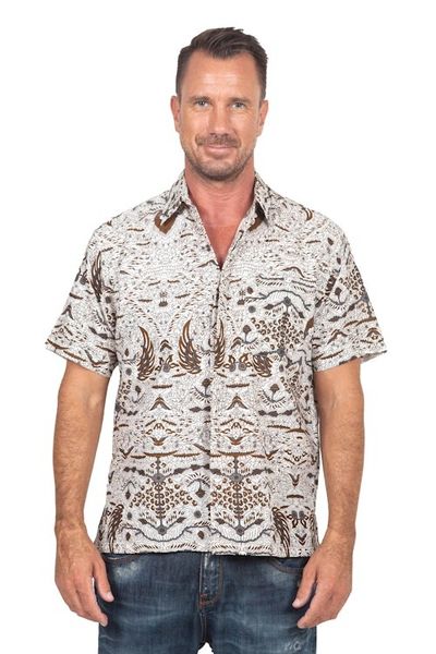 Alternate image for Mens Brown White Short Sleeve Cotton Batik Button Shirt Continuous Love