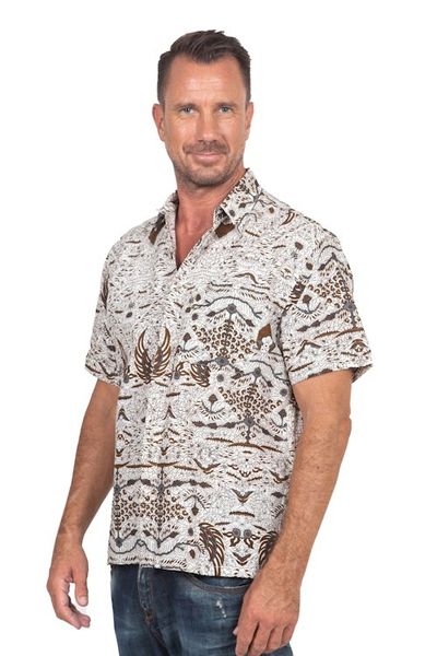 Alternate image for Mens Brown White Short Sleeve Cotton Batik Button Shirt Continuous Love
