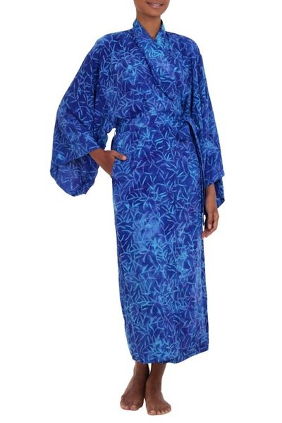 Alternate image for Blue Rayon Long Robe with Bamboo Batik Print from Indonesia Bamboo Blue
