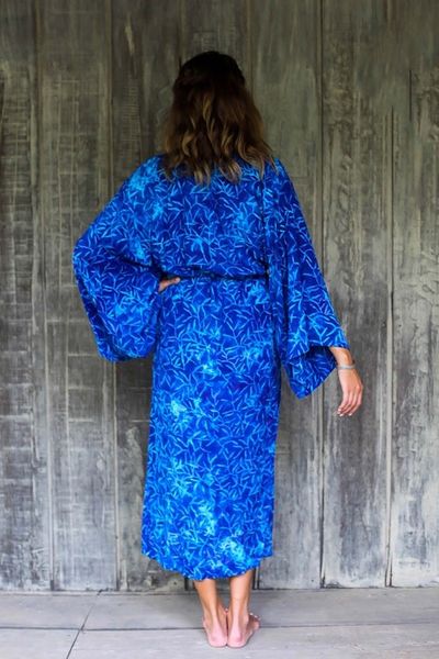 Alternate image for Blue Rayon Long Robe with Bamboo Batik Print from Indonesia Bamboo Blue