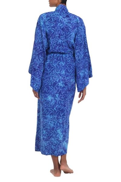Alternate image for Blue Rayon Long Robe with Bamboo Batik Print from Indonesia Bamboo Blue