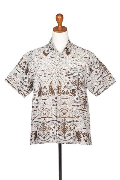 Alternate image for Mens Brown White Short Sleeve Cotton Batik Button Shirt Continuous Love