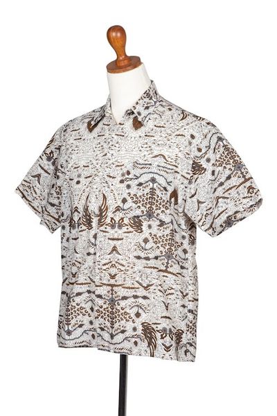 Alternate image for Mens Brown White Short Sleeve Cotton Batik Button Shirt Continuous Love