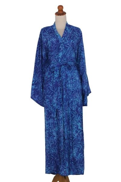 Alternate image for Blue Rayon Long Robe with Bamboo Batik Print from Indonesia Bamboo Blue