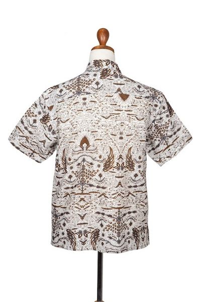 Alternate image for Mens Brown White Short Sleeve Cotton Batik Button Shirt Continuous Love