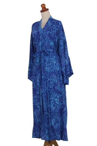 Alternate image for Blue Rayon Long Robe with Bamboo Batik Print from Indonesia Bamboo Blue