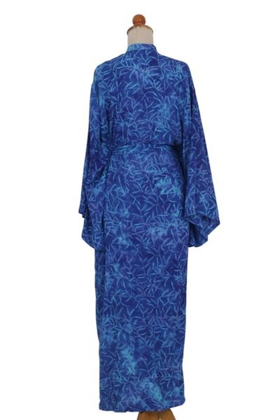 Alternate image for Blue Rayon Long Robe with Bamboo Batik Print from Indonesia Bamboo Blue