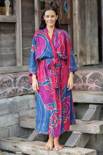 Alternate image for Womens Batik Patterned Robe Exotic Blue