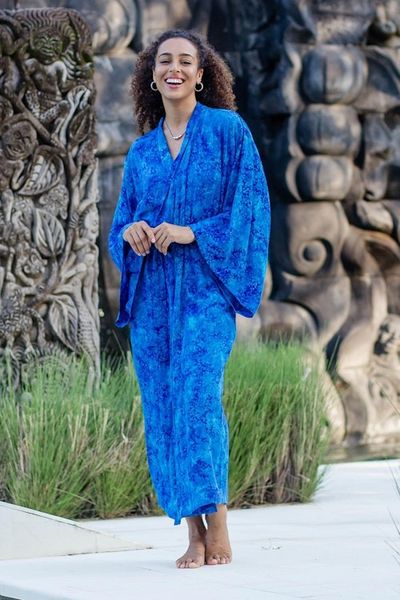 Alternate image for Long Handcrafted Batik and Tie Dyed Rayon Robe from Bali Misty Ocean