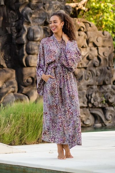 Alternate image for Sienna Purple Floral Batik on Rayon Long Robe from Indonesia Floral Mansion