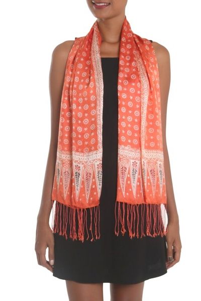 Alternate image for Batik Silk Shawl with Truntum Motifs in Tangerine from Bali Truntum Majesty