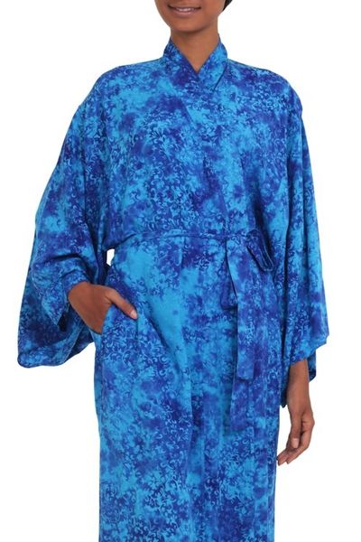 Alternate image for Long Handcrafted Batik and Tie Dyed Rayon Robe from Bali Misty Ocean