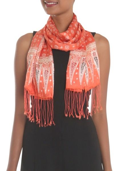 Alternate image for Batik Silk Shawl with Truntum Motifs in Tangerine from Bali Truntum Majesty