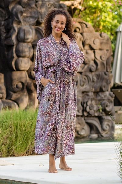 Alternate image for Sienna Purple Floral Batik on Rayon Long Robe from Indonesia Floral Mansion