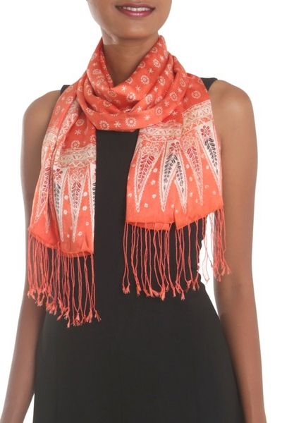 Alternate image for Batik Silk Shawl with Truntum Motifs in Tangerine from Bali Truntum Majesty